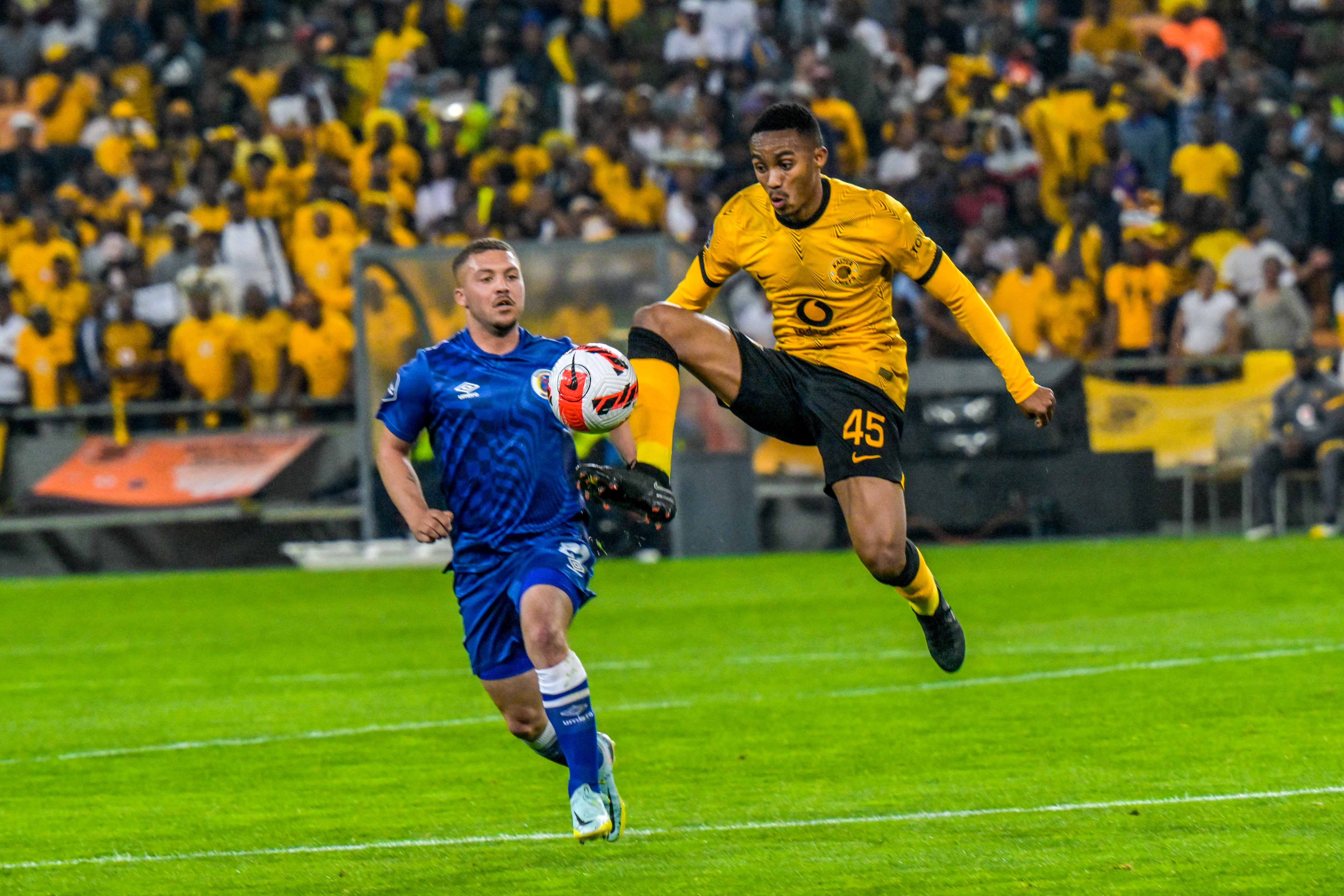 Kaizer Chiefs Midfielder Njabulo Blom defending the ball during the Dstv Premier match against SuperSport United at FNB Stadium